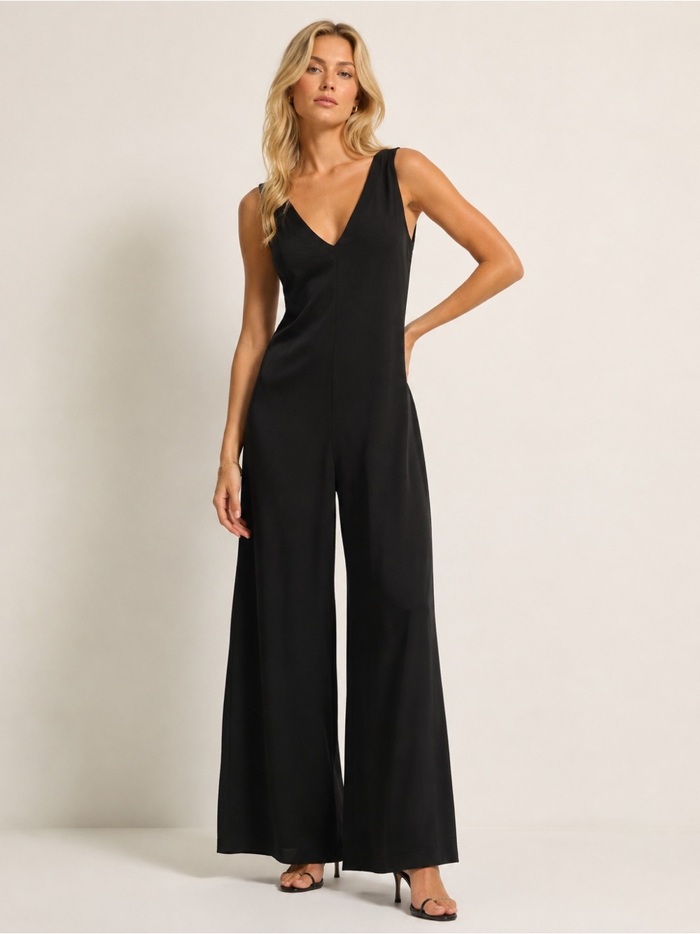 OYSHO Black Sleeveless V-Neck Wide Leg Jumpsuit